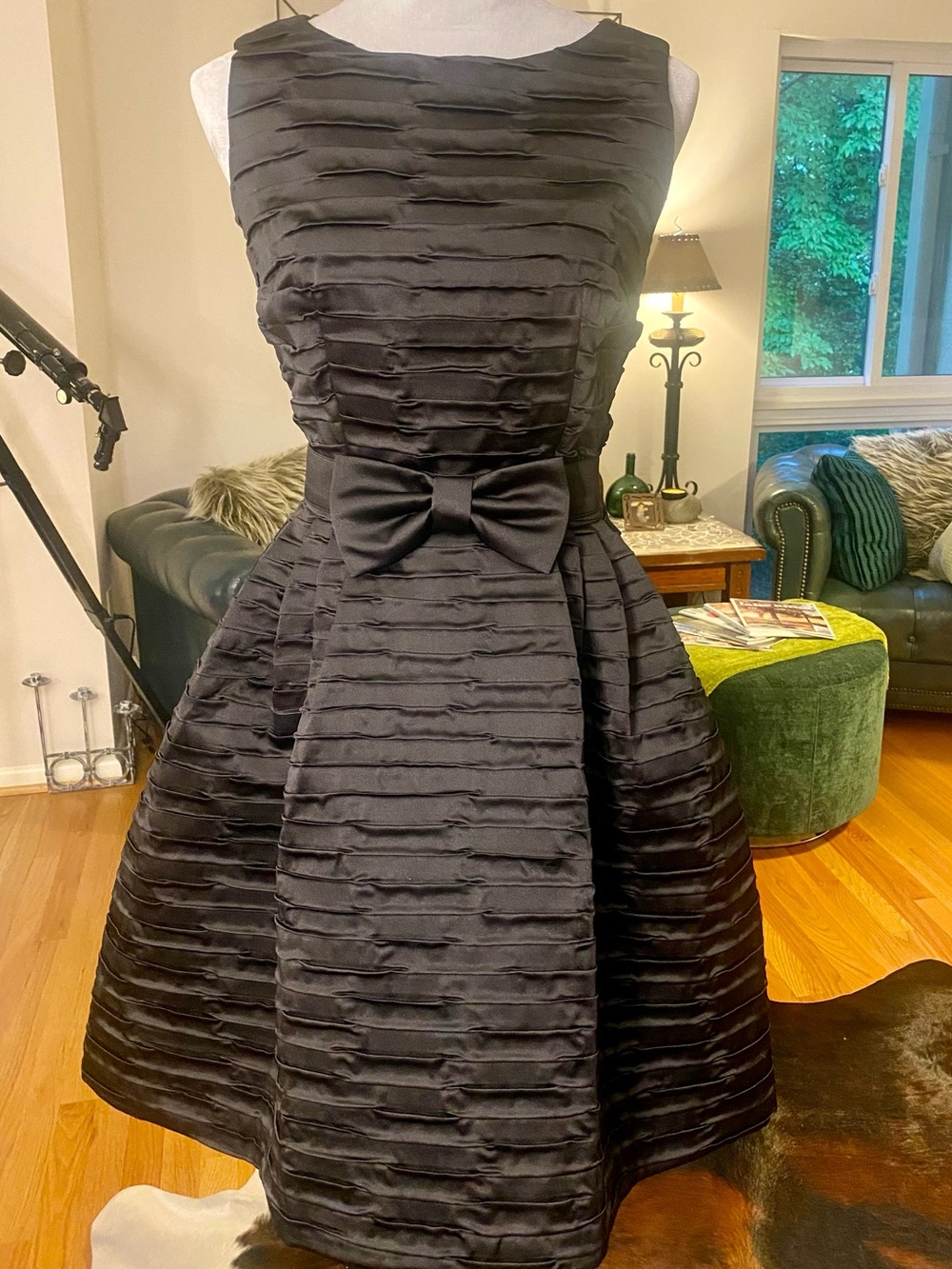 Classic Black Pleated Fit-and-Flare Dress with Bow